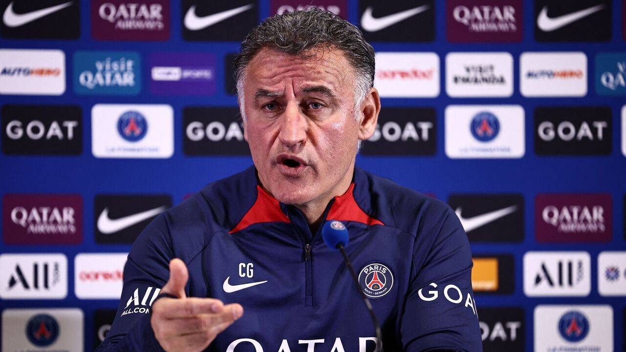 Paris Saint-Germain's French head coach Christophe Galtier attends a press conference at the club's "Camp des Loges" in Saint-Germain-en-Laye, west of Paris on April 14, 2023.
