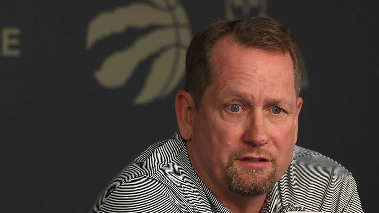 TORONTO, ON- APRIL 13 - Nick Nurse addresses media a day after the Toronto Raptors fall to the Chicago Bulls 109-105 in the NBA play-in game at OVO Athletic Centre in Toronto. April 13, 2023. (Steve Russell/Toronto Star via Getty Images)