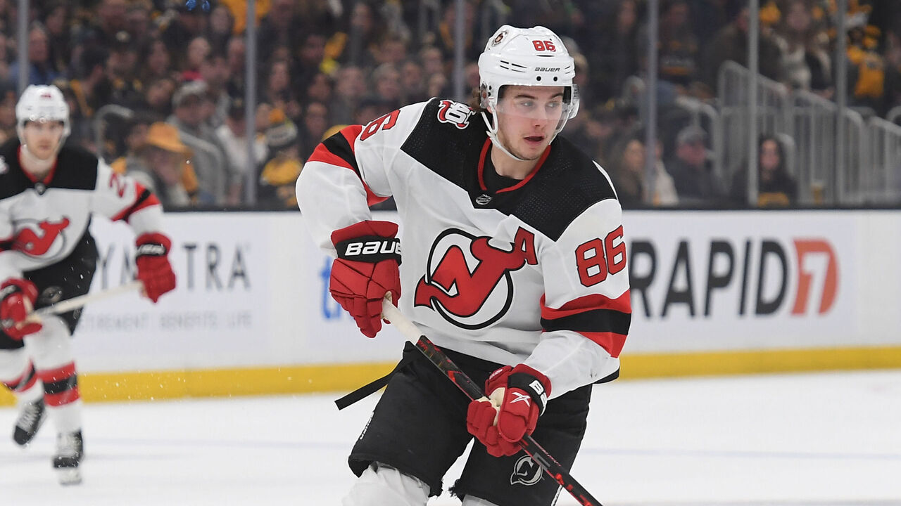 BOSTON, MASSACHUSETTS - APRIL 8: Jack Hughes #86 of the New Jersey Devils skates against the Boston Bruins at the TD Garden on April 8, 2023 in Boston, Massachusetts.