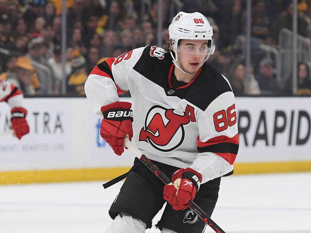 BOSTON, MASSACHUSETTS - APRIL 8: Jack Hughes #86 of the New Jersey Devils skates against the Boston Bruins at the TD Garden on April 8, 2023 in Boston, Massachusetts.