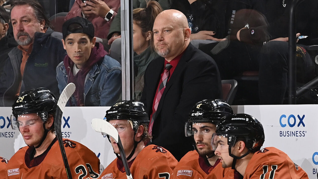 TEMPE, ARIZONA - JANUARY 26: Head coach Andre Tourigny of the Arizona Coyotes looks on from the bench against the St Louis Blues at Mullett Arena on January 26, 2023 in Tempe, Arizona.