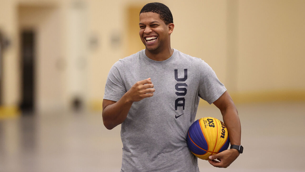 LAS VEGAS, NV - JULY 17: Assistant Coach, Winston Gandy of the USA Women's National 3x3 Team laughs during USAB Womens 3x3 National Team practice at the Mandalay Bay Convention Center on July 17, 2021 in Las Vegas, Nevada.