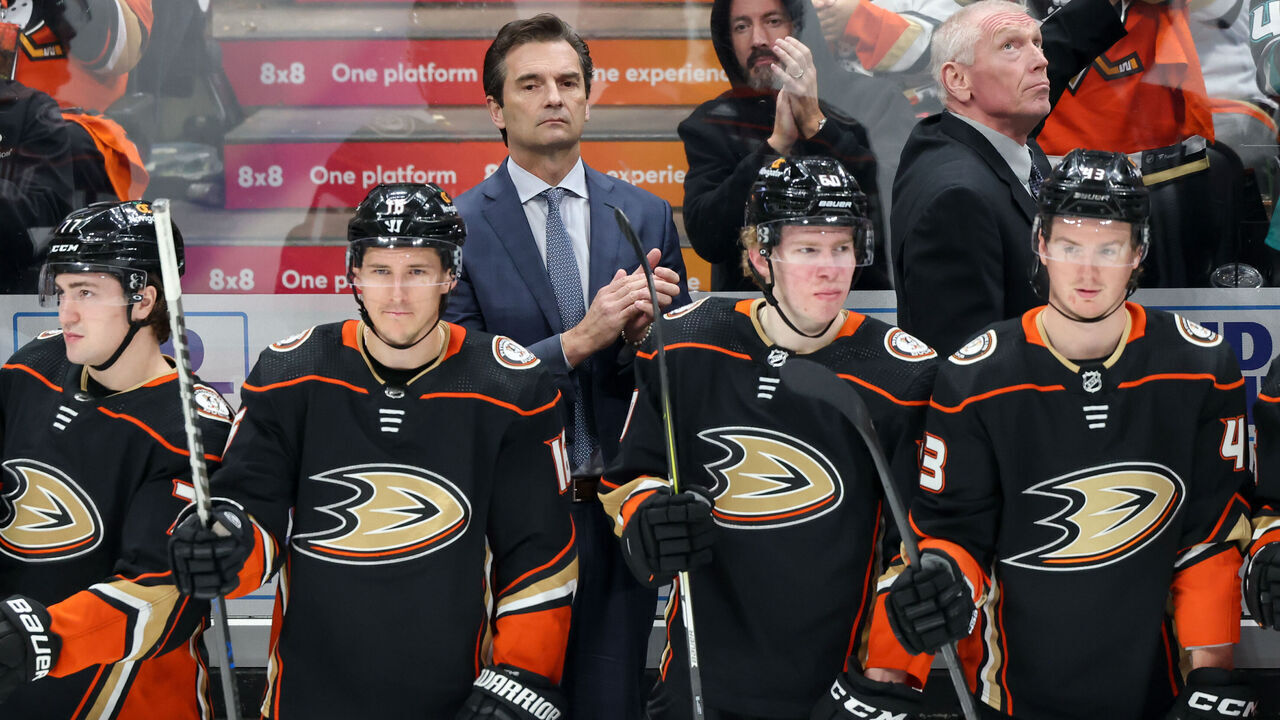 ANAHEIM, CA - APRIL 13: Dallas Eakins Head Coach of the Anaheim Ducks and coach Mike Stothers look on from the bench during the second period against the Los Angeles Kings at Honda Center on April 13, 2023 in Anaheim, California.