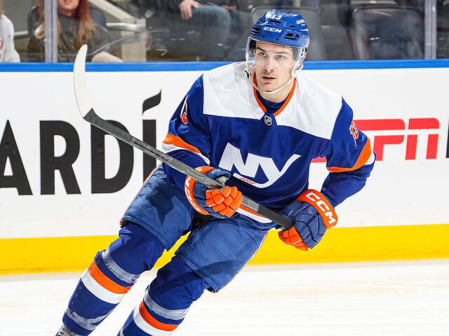 ELMONT, NEW YORK - FEBRUARY 14: Mathew Barzal #13 of the New York Islanders in action against the Ottawa Senators at UBS Arena on February 14, 2023 in Elmont, New York. Ottawa Senators defeated the New York Islanders 3-2.