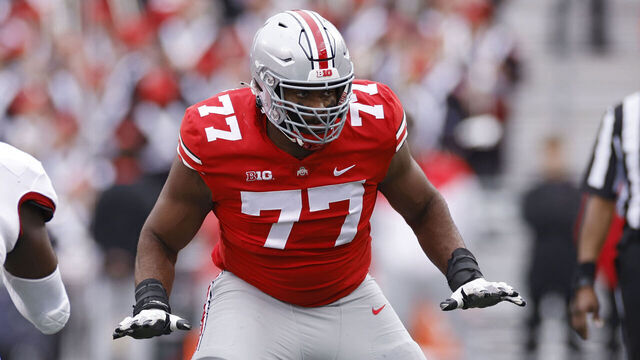 COLUMBUS, OH - OCTOBER 01: Ohio State Buckeyes offensive lineman Paris Johnson Jr. (77) blocks during a college football game against the Rutgers Scarlet Knights on October 1, 2022 at Ohio Stadium in Columbus, Ohio.