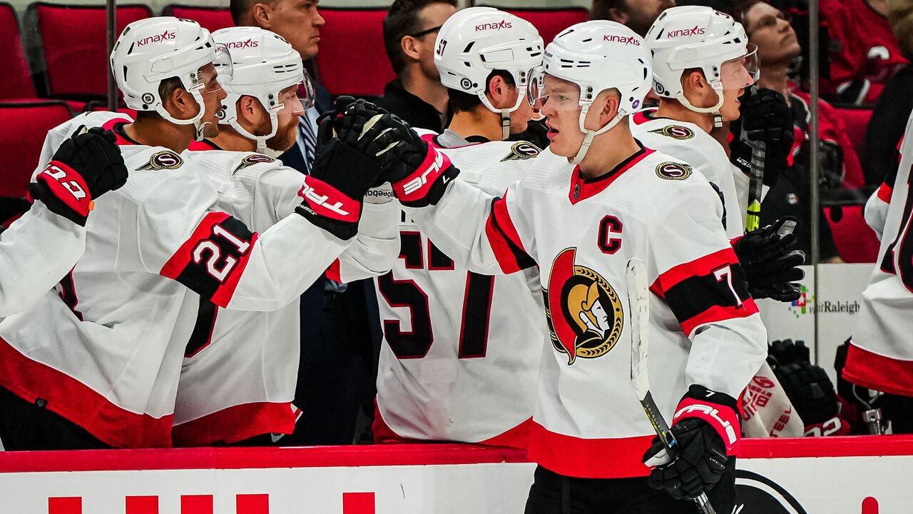 RALEIGH, NORTH CAROLINA - APRIL 04: Brady Tkachuk #7 of the Ottawa Senators celebrates after scoring a goal during the third period against the Carolina Hurricanes at PNC Arena on April 04, 2023 in Raleigh, North Carolina.