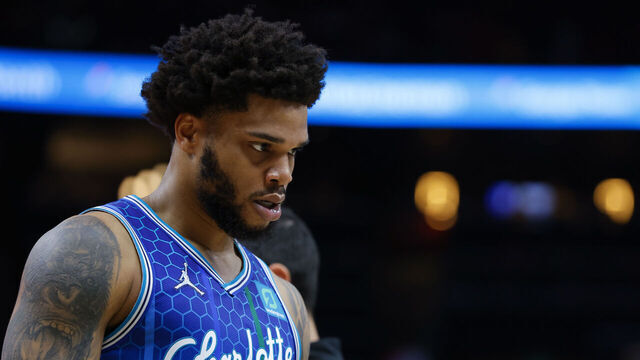 ATLANTA, GA - APRIL 13: Miles Bridges #0 of the Charlotte Hornets reacts during the second half against the Atlanta Hawks at State Farm Arena on April 13, 2022 in Atlanta, Georgia.