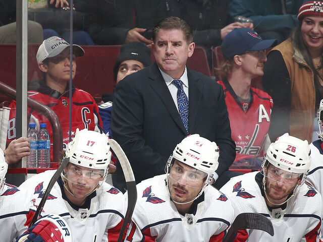 VANCOUVER, CANADA - NOVEMBER 29: Head coach Peter Laviolette of the Washington Capitals looks on from the bench during their NHL game against the Vancouver Canucks at Rogers Arena November 29, 2022 in Vancouver, British Columbia, Canada.