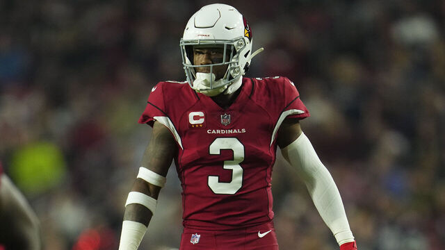 GLENDALE, AZ - DECEMBER 12: Budda Baker #3 of the Arizona Cardinals gets set against the New England Patriots at State Farm Stadium on December 12, 2022 in Glendale, Arizona.