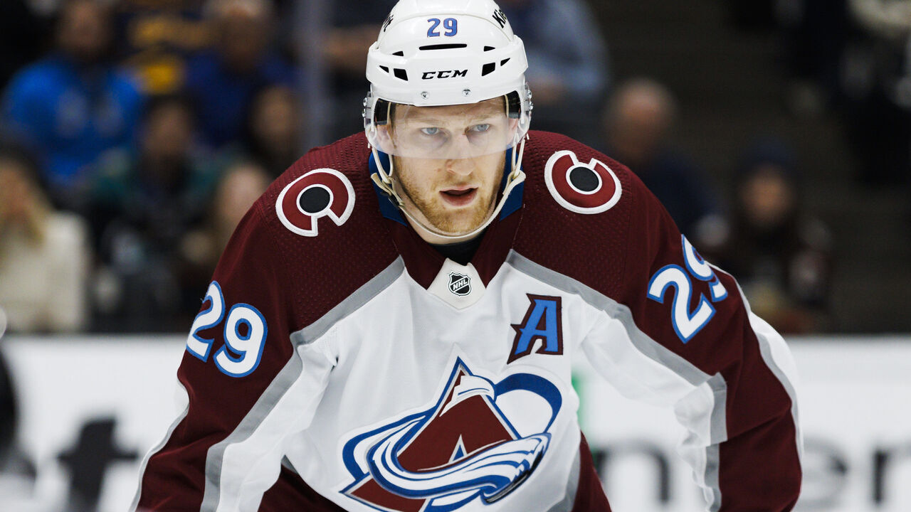 ANAHEIM, CA - APRIL 09: Colorado Avalanche center Nathan MacKinnon (29) during an NHL hockey game between the Colorado Avalanche and the Anaheim Ducks on April 9, 2023 at Honda Center in Anaheim, CA.