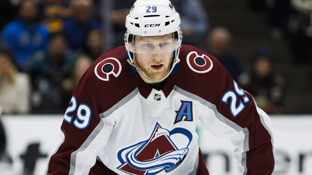 ANAHEIM, CA - APRIL 09: Colorado Avalanche center Nathan MacKinnon (29) during an NHL hockey game between the Colorado Avalanche and the Anaheim Ducks on April 9, 2023 at Honda Center in Anaheim, CA.