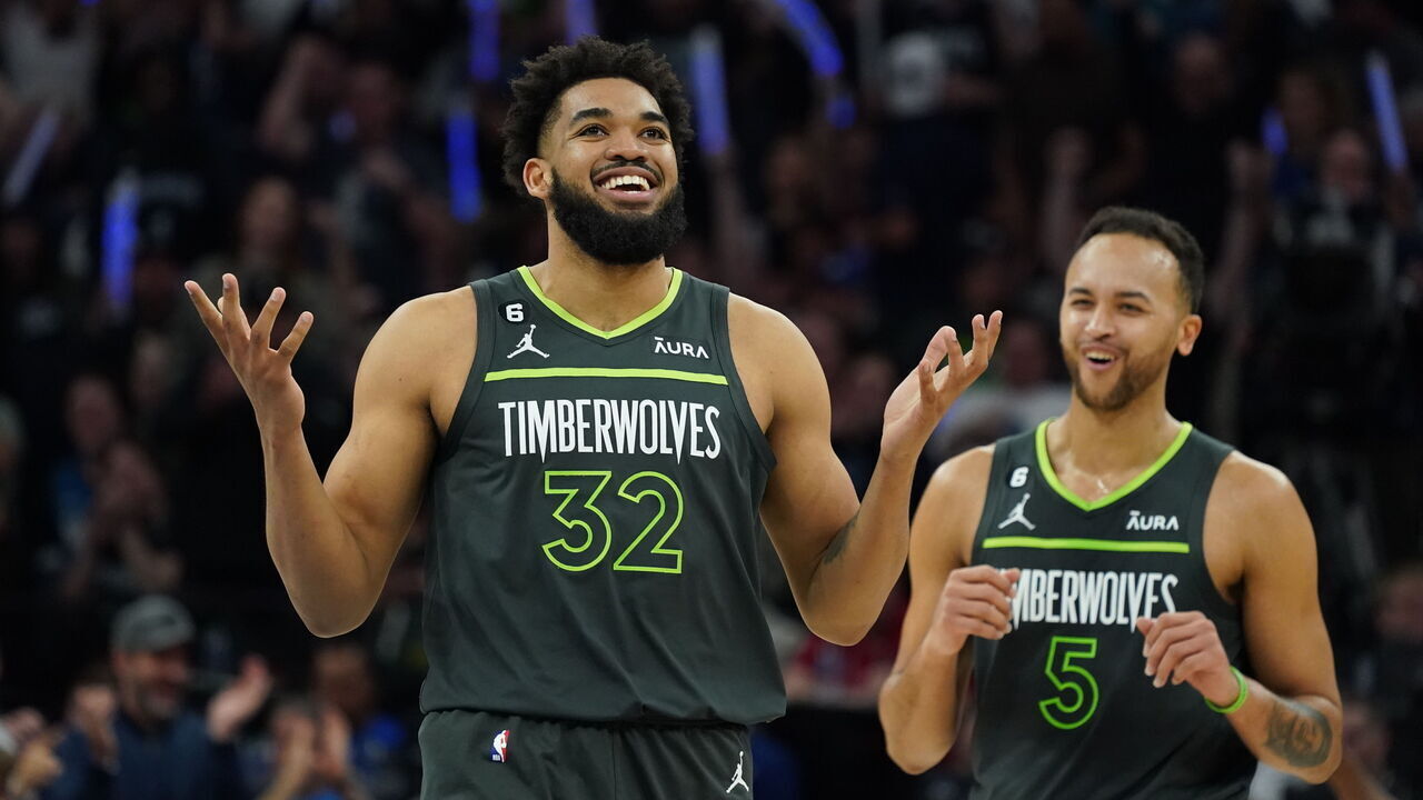 MINNEAPOLIS, MN - APRIL 14: Karl-Anthony Towns #32 of the Minnesota Timberwolves celebrates a play during the 2023 Play-In Tournament against the Oklahoma City Thunder on April 14, 2023 at Target Center in Minneapolis, Minnesota. Mandatory Copyright Notice: Copyright 2023 NBAE