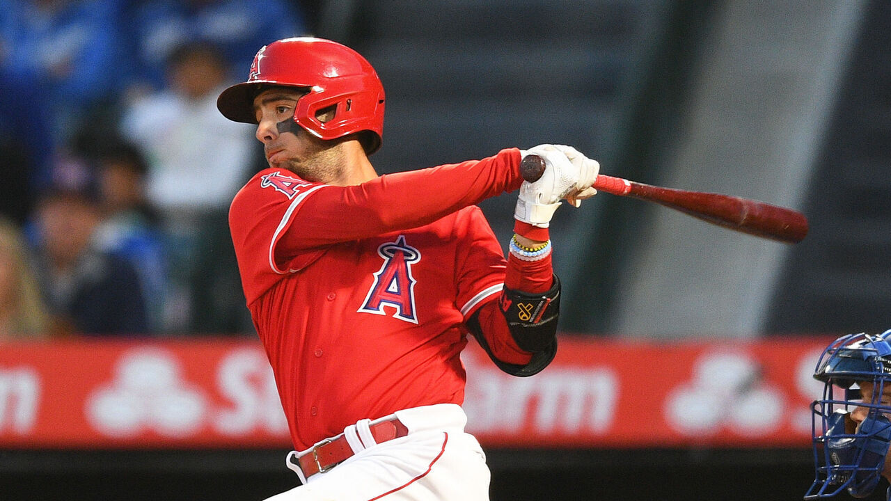 ANAHEIM, CA - MARCH 27: Los Angeles Angels shortstop Zach Neto swings at a pitch during the MLB Spring Training game between the Los Angeles Dodgers and the Los Angeles Angels of Anaheim on March 27, 2023 at Angel Stadium of Anaheim in Anaheim, CA.