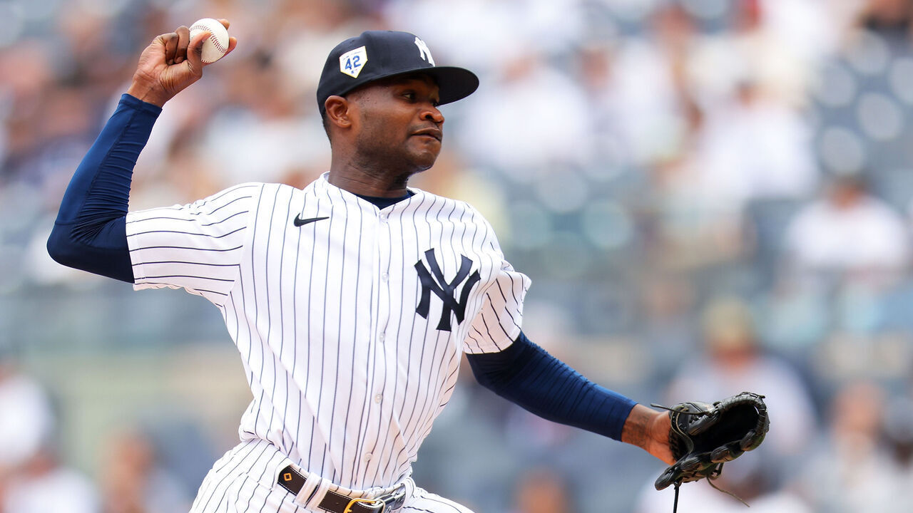 BRONX, NEW YORK - APRIL 15: Domingo German #0 of the New York Yankees pitches in the first inning against the Minnesota Twins at Yankee Stadium on April 15, 2023 in Bronx, New York. All players are wearing the #42 in honor of Jackie Robinson Day.