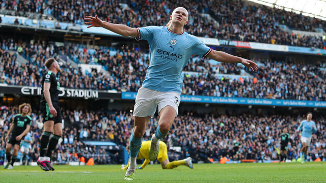 MANCHESTER, ENGLAND - APRIL 15: Erling Haaland of Manchester City celebrates after scoring their side's third goal during the Premier League match between Manchester City and Leicester City at Etihad Stadium on April 15, 2023 in Manchester, England.