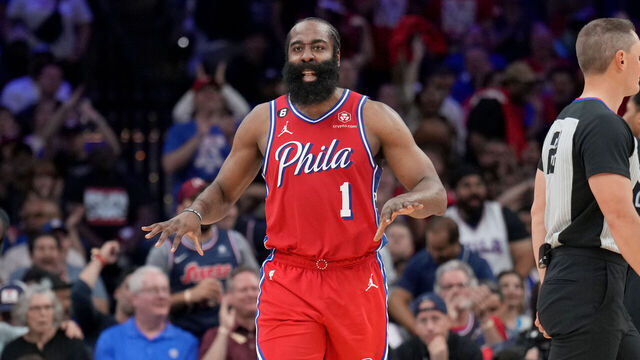PHILADELPHIA, PA - APRIL 15: James Harden #1 of the Philadelphia 76ers celebrates a play during the game against the Brooklyn Nets during Round 1 Game 1 of the 2023 NBA Playoffs on April 15, 2023 at the Wells Fargo Center in Philadelphia, Pennsylvania NOTE TO USER: User expressly acknowledges and agrees that, by downloading and/or using this Photograph, user is consenting to the terms and conditions of the Getty Images License Agreement. Mandatory Copyright Notice: Copyright 2023 NBAE