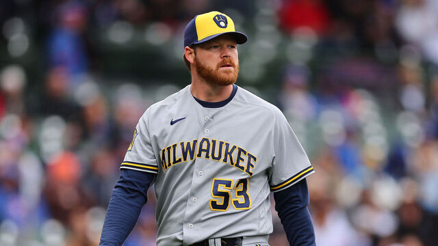 CHICAGO, ILLINOIS - APRIL 01: Brandon Woodruff #53 of the Milwaukee Brewers reacts against the Chicago Cubs during the first inning at Wrigley Field on April 01, 2023 in Chicago, Illinois.