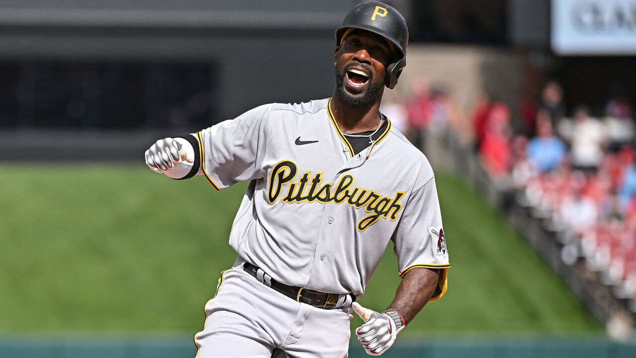 ST. LOUIS, MO - APRIL 15: Pittsburgh Pirates designated hitter Andrew McCutchen (22) is all smiles after hitting a two run homerun in the top of the 10th inning during the Jackie Robinson Day game between the Pittsburgh Pirates and the St. Louis Cardinals on Apr 14, 2022, at Busch Stadium in St. Louis MO