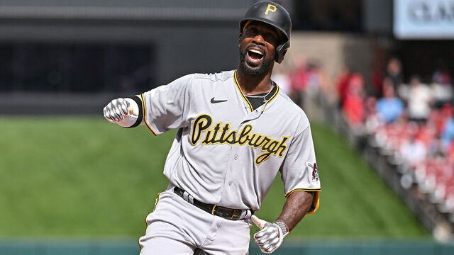 ST. LOUIS, MO - APRIL 15: Pittsburgh Pirates designated hitter Andrew McCutchen (22) is all smiles after hitting a two run homerun in the top of the 10th inning during the Jackie Robinson Day game between the Pittsburgh Pirates and the St. Louis Cardinals on Apr 14, 2022, at Busch Stadium in St. Louis MO