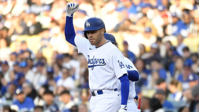 LOS ANGELES, CA - APRIL 15: Freddie Freeman #5 of the Los Angeles Dodgers reacts after hitting a base hit during the first inning of the game against the Chicago Cubs at Dodger Stadium on April 15, 2023 in Los Angeles, California. All players are wearing the number 42 in honor of Jackie Robinson Day.