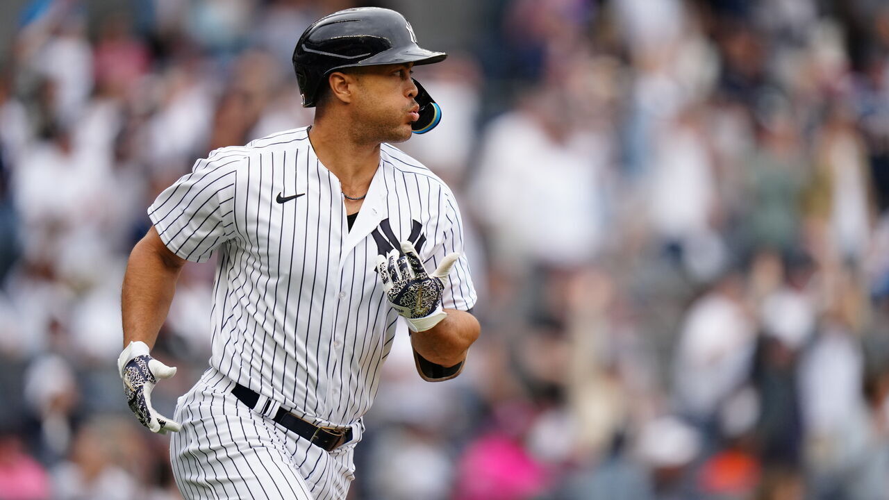 NEW YORK, NY - APRIL 15: Giancarlo Stanton #27 of the New York Yankees hits a double during the seventh inning of the game between the Minnesota Twins and the New York Yankees at Yankee Stadium on Saturday, April 15, 2023 in New York, New York.
