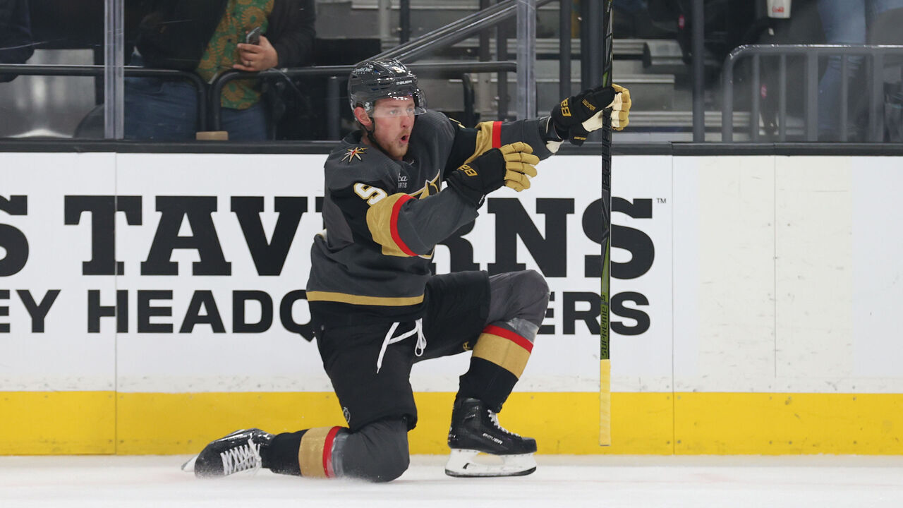 LAS VEGAS, NEVADA - MARCH 01: Jack Eichel #9 of the Vegas Golden Knights celebrates after scoring a goal during the second period against the Carolina Hurricanes at T-Mobile Arena on March 01, 2023 in Las Vegas, Nevada.