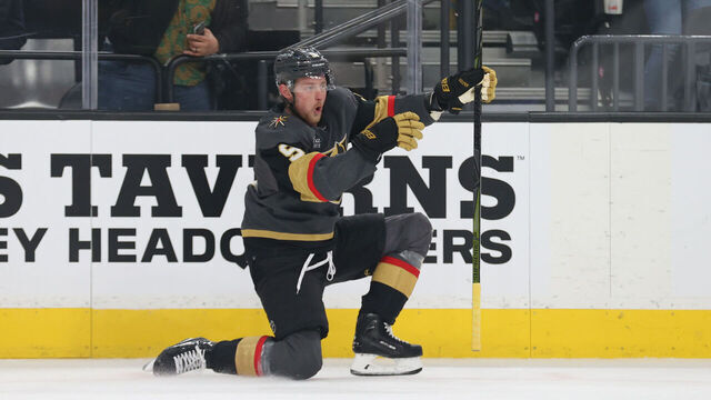 LAS VEGAS, NEVADA - MARCH 01: Jack Eichel #9 of the Vegas Golden Knights celebrates after scoring a goal during the second period against the Carolina Hurricanes at T-Mobile Arena on March 01, 2023 in Las Vegas, Nevada.