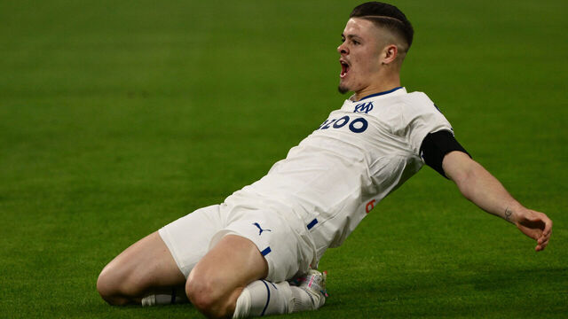 Marseille's Portuguese forward Vitinha celebrates after scoring his team's first goal during the French L1 football match between Olympique de Marseille (OM) and Troyes (ESTAC) at the Velodrome stadium in Marseille on April 16, 2023.