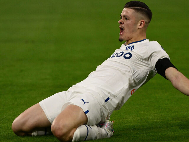 Marseille's Portuguese forward Vitinha celebrates after scoring his team's first goal during the French L1 football match between Olympique de Marseille (OM) and Troyes (ESTAC) at the Velodrome stadium in Marseille on April 16, 2023.