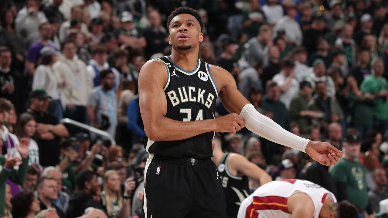 MILWAUKEE, WI - APRIL 16: Giannis Antetokounmpo #34 of the Milwaukee Bucks looks on before the game against the Miami Heat during Round One Game One of the 2023 NBA Playoffs on April 16, 2023 at the Fiserv Forum Center in Milwaukee, Wisconsin. Mandatory Copyright Notice: Copyright 2023 NBAE .