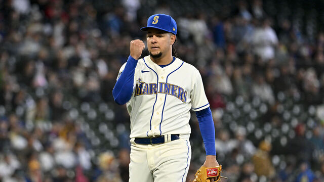 SEATTLE, WASHINGTON - APRIL 16: Luis Castillo #58 of the Seattle Mariners gestures while waking to the dugout during the third inning against the Colorado Rockies at T-Mobile Park on April 16, 2023 in Seattle, Washington.