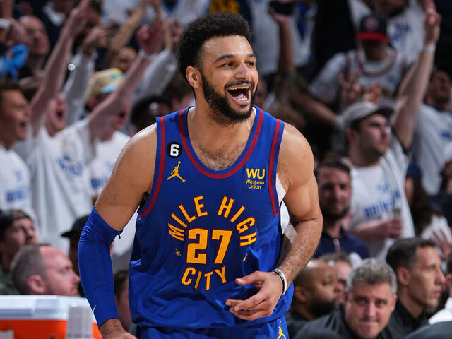 DENVER, CO - APRIL 16: Jamal Murray #27 of the Denver Nuggets smiles during Round One Game One of the 2023 NBA Playoffs against the Minnesota Timberwolves on April 16, 2023 at the Ball Arena in Denver, Colorado. NOTE TO USER: User expressly acknowledges and agrees that, by downloading and/or using this Photograph, user is consenting to the terms and conditions of the Getty Images License Agreement. Mandatory Copyright Notice: Copyright 2023 NBAE