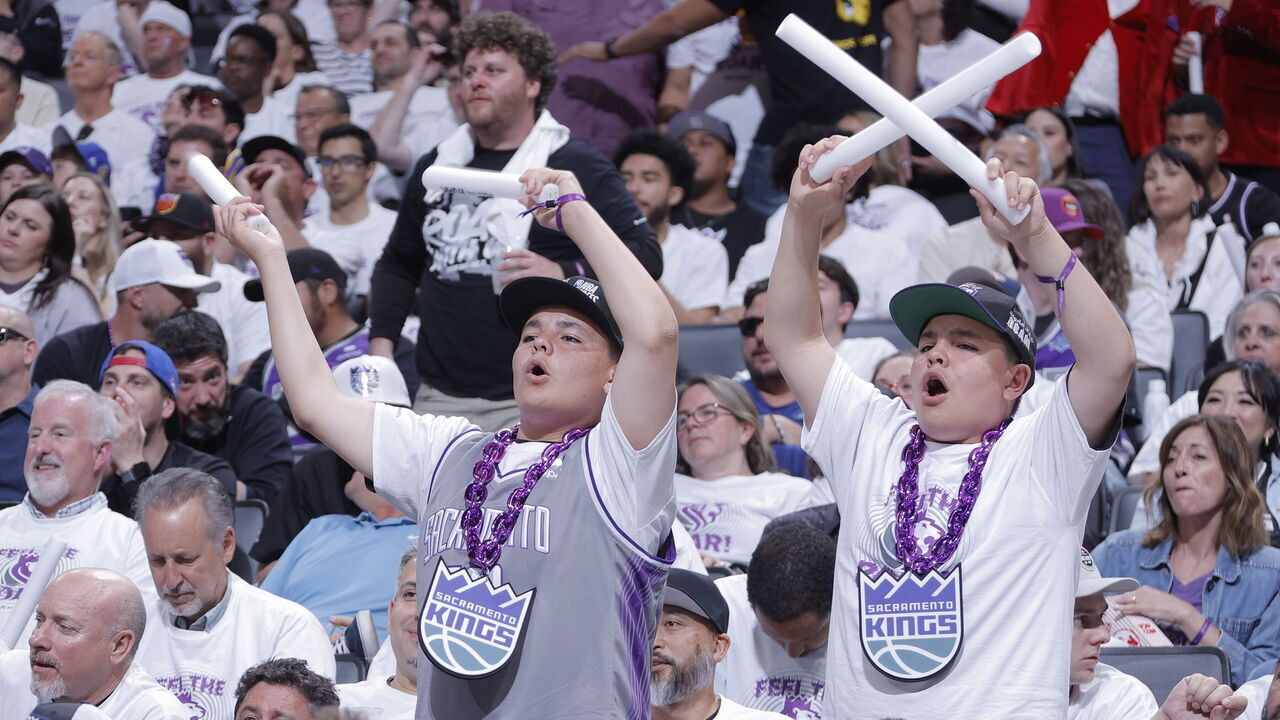 SACRAMENTO, CA - APRIL 15: Sacramento Kings fans celebrate a play during Round 1 Game 1 of the 2023 NBA Playoffs against the Golden State Warriors on April 15, 2023 at Golden 1 Center in Sacramento, California. Mandatory Copyright Notice: Copyright 2023 NBAE