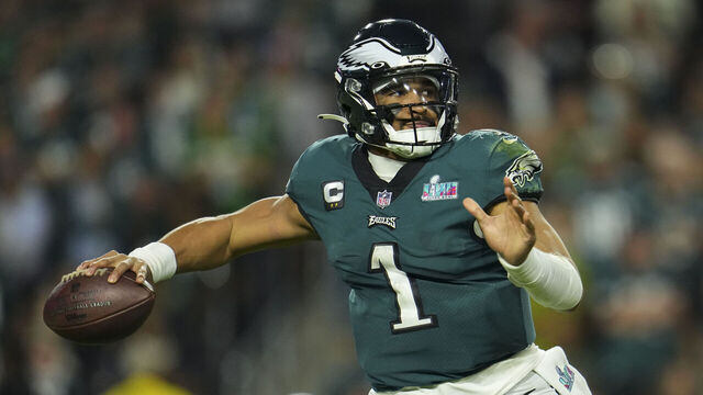 GLENDALE, AZ - FEBRUARY 12: Jalen Hurts #1 of the Philadelphia Eagles throws the ball against the Kansas City Chiefs after Super Bowl LVII at State Farm Stadium on February 12, 2023 in Glendale, Arizona. The Chiefs defeated the Eagles 38-35.