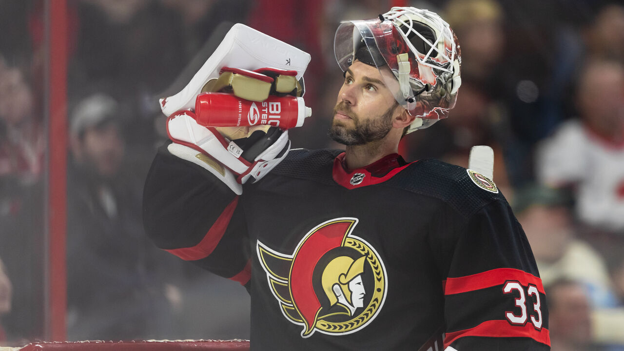 OTTAWA, ON - APRIL 08: Ottawa Senators Goalie Cam Talbot (33) after a whistle during third period National Hockey League action between the Tampa Bay Lightning and Ottawa Senators on April 8, 2023, at Canadian Tire Centre in Ottawa, ON, Canada.