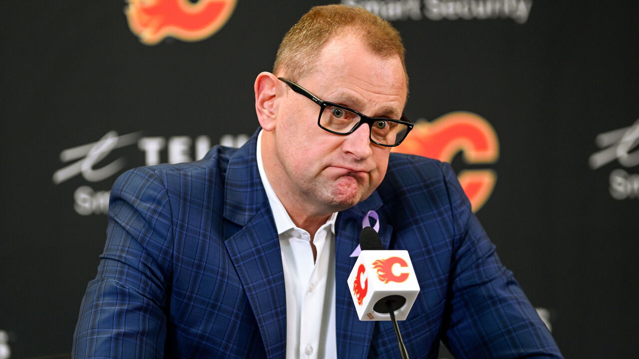 CALGARY, AB - MARCH 16: Calgary Flames general manager Brad Treliving speaks to media ahead of an NHL game where the Calgary Flames hosted the New Jersey Devils on March 16, 2022, at the Scotiabank Saddledome in Calgary, AB.