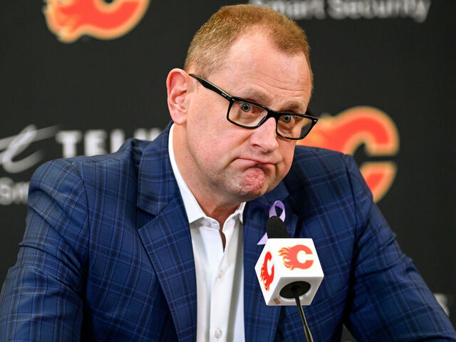 CALGARY, AB - MARCH 16: Calgary Flames general manager Brad Treliving speaks to media ahead of an NHL game where the Calgary Flames hosted the New Jersey Devils on March 16, 2022, at the Scotiabank Saddledome in Calgary, AB.