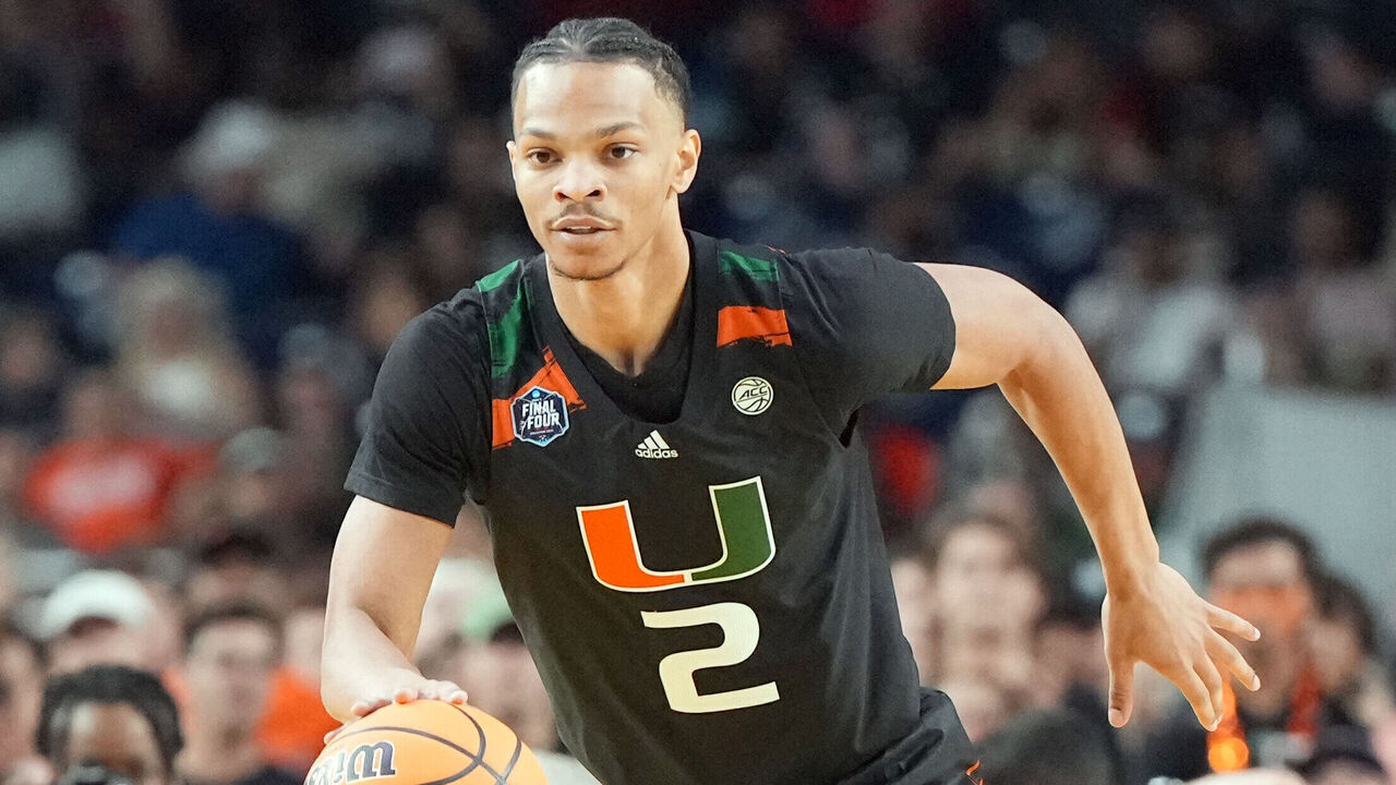 HOUSTON, TEXAS - APRIL 01: Isaiah Wong #2 of the Miami (Fl) Hurricanes dribbles up court during the NCAA Men's Basketball Tournament Final Four semifinal game against the Connecticut Huskies at NRG Stadium on April 01, 2023 in Houston, Texas.