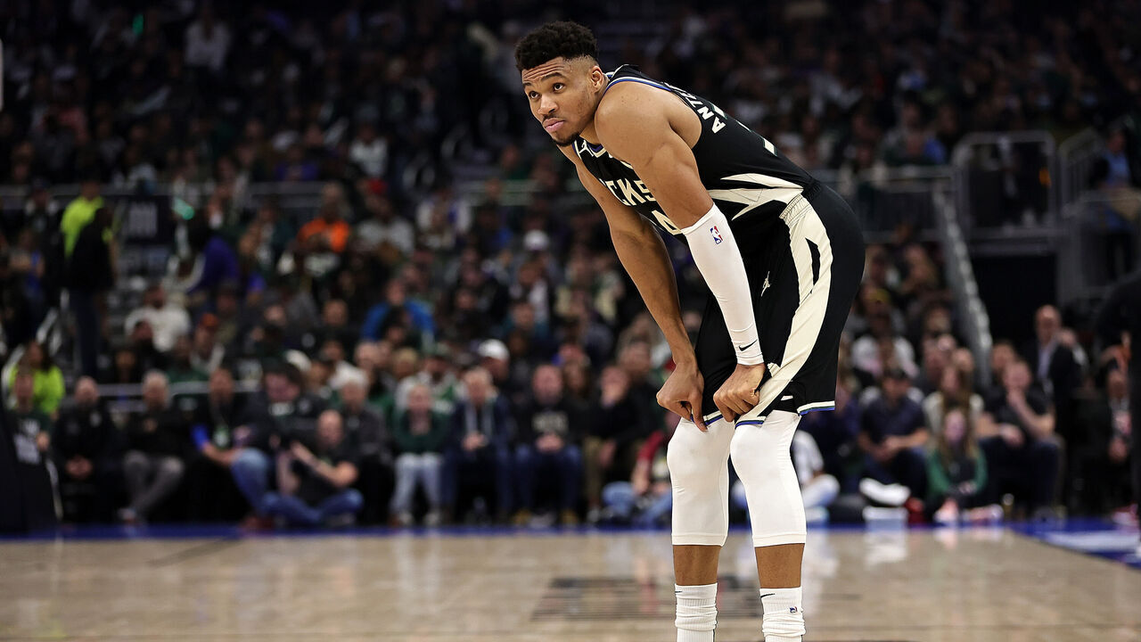 MILWAUKEE, WISCONSIN - APRIL 16: Giannis Antetokounmpo #34 of the Milwaukee Bucks waits for a free throw during Game One of the Eastern Conference First Round Playoffs against the Miami Heat at Fiserv Forum on April 16, 2023 in Milwaukee, Wisconsin. Miami defeated Milwaukee 130-117.