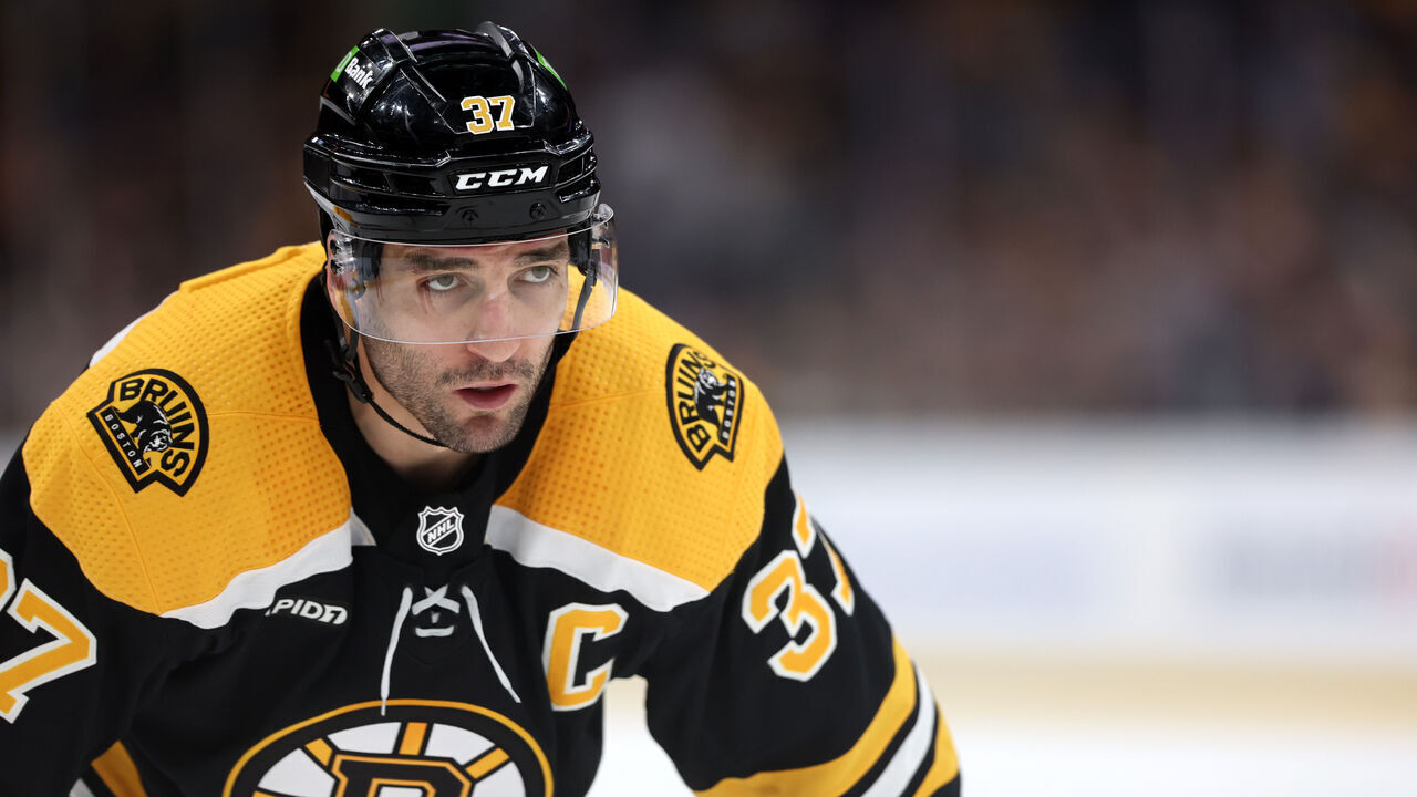 BOSTON, MASSACHUSETTS - APRIL 11: Patrice Bergeron #37 of the Boston Bruins looks on during the third period against the Boston Bruins at TD Garden on April 11, 2023 in Boston, Massachusetts. The Bruins defeat the Capitals 5-2, setting the new NHL record for most points in a single season with 133.