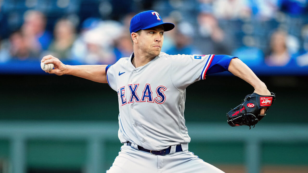 KANSAS CITY, MO - APRIL 17: Jacob deGrom #48 of the Texas Rangers pitches during the first inning against the Kansas City Royals at Kauffman Stadium on April 17, 2023 in Kansas City, Missouri.