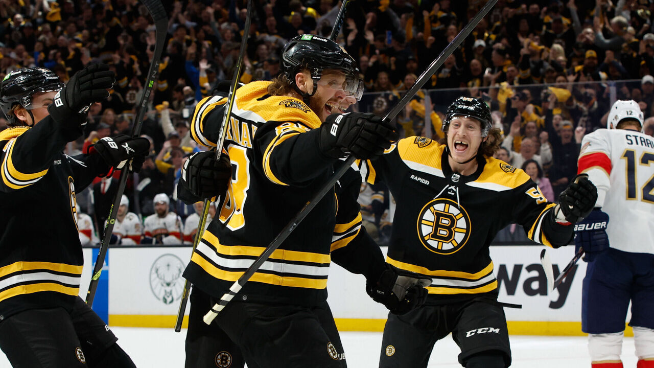 BOSTON, MA - APRIL 17: David Pastrnak #88 of the Boston Bruins celebrates after he scored against the Florida Panthers during the first period of Game One of the First Round of the 2023 Stanley Cup Playoffs at the TD Garden on April 17, 2023 in Boston, Massachusetts.