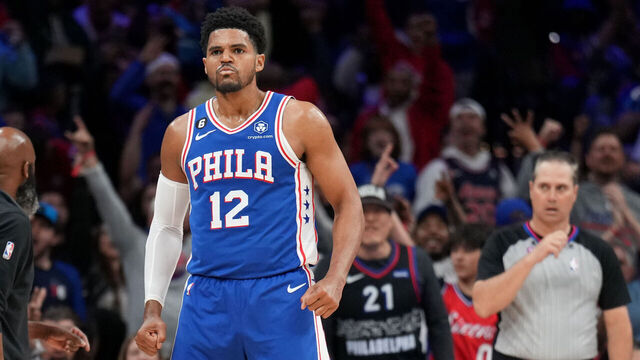 PHILADELPHIA, PA - APRIL 17: Tobias Harris #12 of the Philadelphia 76ers celebrates a play during the game against the Brooklyn Nets during Round 1 Game 2 of the 2023 NBA Playoffs on April 17, 2023 at the Wells Fargo Center in Philadelphia, Pennsylvania NOTE TO USER: User expressly acknowledges and agrees that, by downloading and/or using this Photograph, user is consenting to the terms and conditions of the Getty Images License Agreement. Mandatory Copyright Notice: Copyright 2023 NBAE