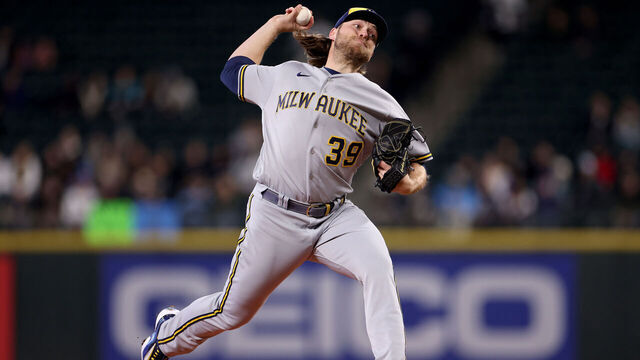 SEATTLE, WASHINGTON - APRIL 17: Corbin Burnes #39 of the Milwaukee Brewers pitches during the first inning against the Seattle Mariners at T-Mobile Park on April 17, 2023 in Seattle, Washington.