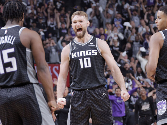 SACRAMENTO, CA - APRIL 17: Domantas Sabonis #10 of the Sacramento Kings reacts during the game against the Golden State Warriors during Round 1 Game 2 of the 2023 NBA Playoffs on April 17, 2023 at Golden 1 Center in Sacramento, California. Mandatory Copyright Notice: Copyright 2023 NBAE