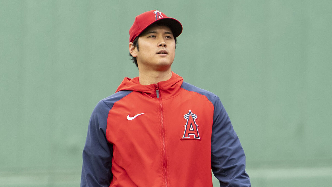 BOSTON, MA - APRIL 17: Shohei Ohtani #17 of the Los Angeles Angels walks to the bullpen before a game against the Boston Red Sox on April 17, 2023 at Fenway Park in Boston, Massachusetts.