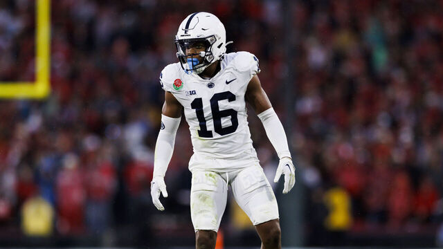 PASADENA, CA - JANUARY 02: Penn State Nittany Lions safety Ji'Ayir Brown (16) defends during the Rose Bowl game between the Penn State Nittany Lions and the Utah Utes on January 2, 2023 at the Rose Bowl Stadium in Pasadena, CA.