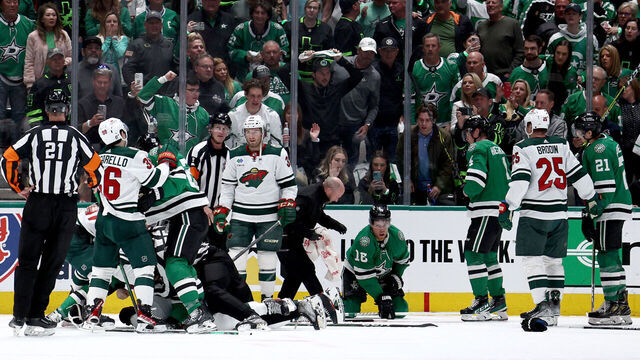DALLAS, TEXAS - APRIL 17: Joe Pavelski #16 of the Dallas Stars is helped off the ice after a hit from Matt Dumba #24 of the Minnesota Wild in the second period in Game One of the First Round of the 2023 Stanley Cup Playoffs at American Airlines Center on April 17, 2023 in Dallas, Texas.