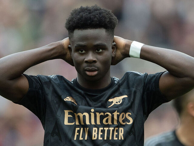 LONDON, ENGLAND - APRIL 16: Bukayo Saka of Arsenal reacts after missing a penalty during the Premier League match between West Ham United and Arsenal FC at London Stadium on April 16, 2023 in London, England.