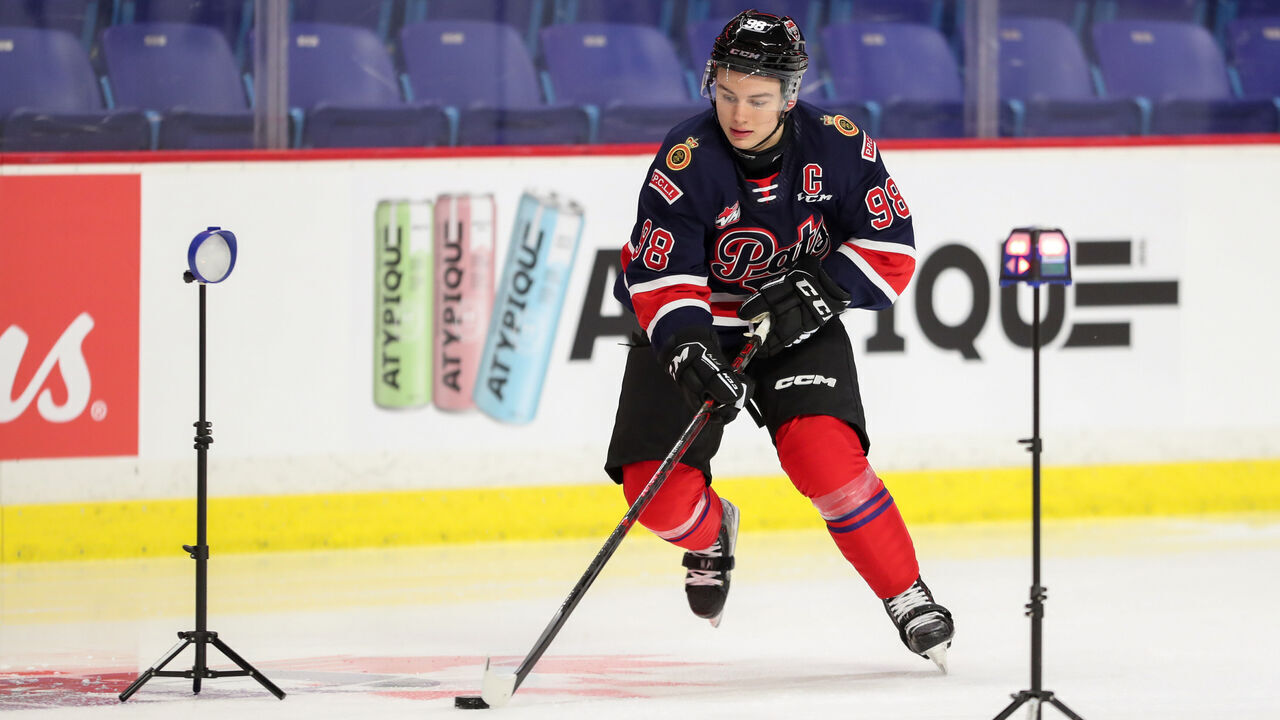 LANGLEY, BRITISH COLUMBIA - JANUARY 24: Forward Connor Bedard #98 of the Regina Pats skates for Team Red during the 2023 Kubota CHL Top Prospects Game Practice at the Langley Events Centre on January 24, 2023 in Langley, British Columbia.